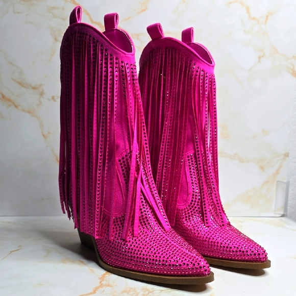 Jessica Simpson Paredisa Rhinestone Fringe Cowboy Booties Pink Nwot Size 6.5 - Picture 3 of 11